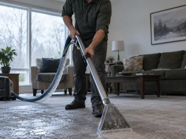 An extraction wand drawn across a soaked carpet, water visible in the clear hose